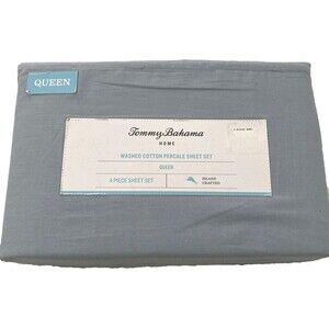 Tommy Bahama Home Washed Cotton Percale Queen Sheet Set 4 Pieces Blue Sky New